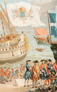 La bandera real de Francia ondeando sobre un barco de la marina francesa del siglo XVIII, de 